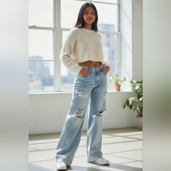 Litz By Uniq Denim - Litz By Uniq Women's Boyfriend Wide Leg Acid Wash Distressed Jeans Size 9/29